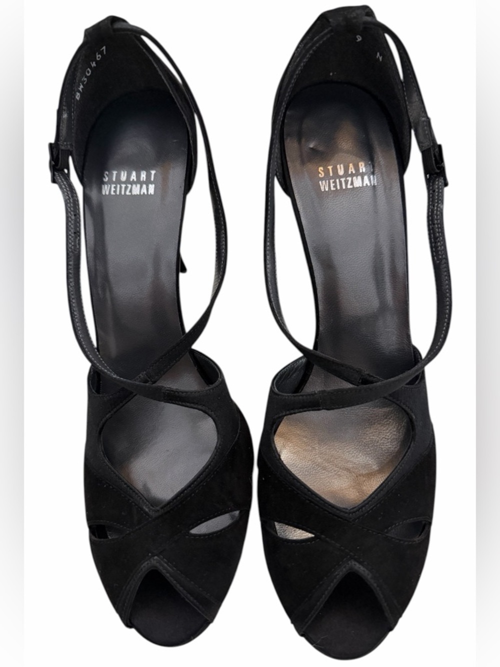 Stuart Weitzman Black Suede Crisscross Peep-Toe Slingback Heels